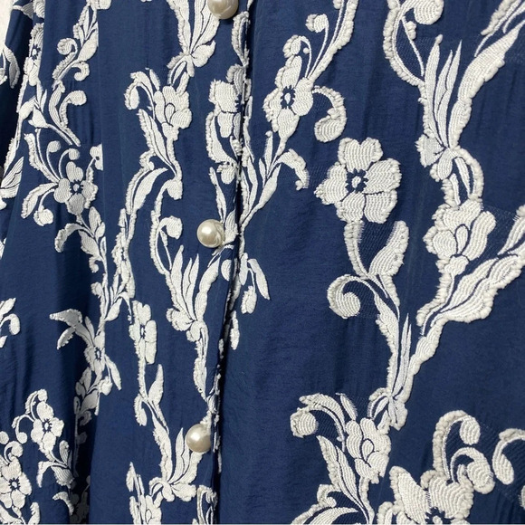 Yushi Navy Floral Pearl Button Front Textured Jacket XXL Lagenlook Art to Wear - Picture 3 of 6